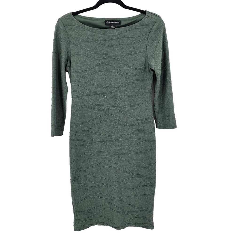 Vintage Sharagano Bodycon Dress 6‎ Moss Green Textured Boatneck 3/4 Sleeve Mini